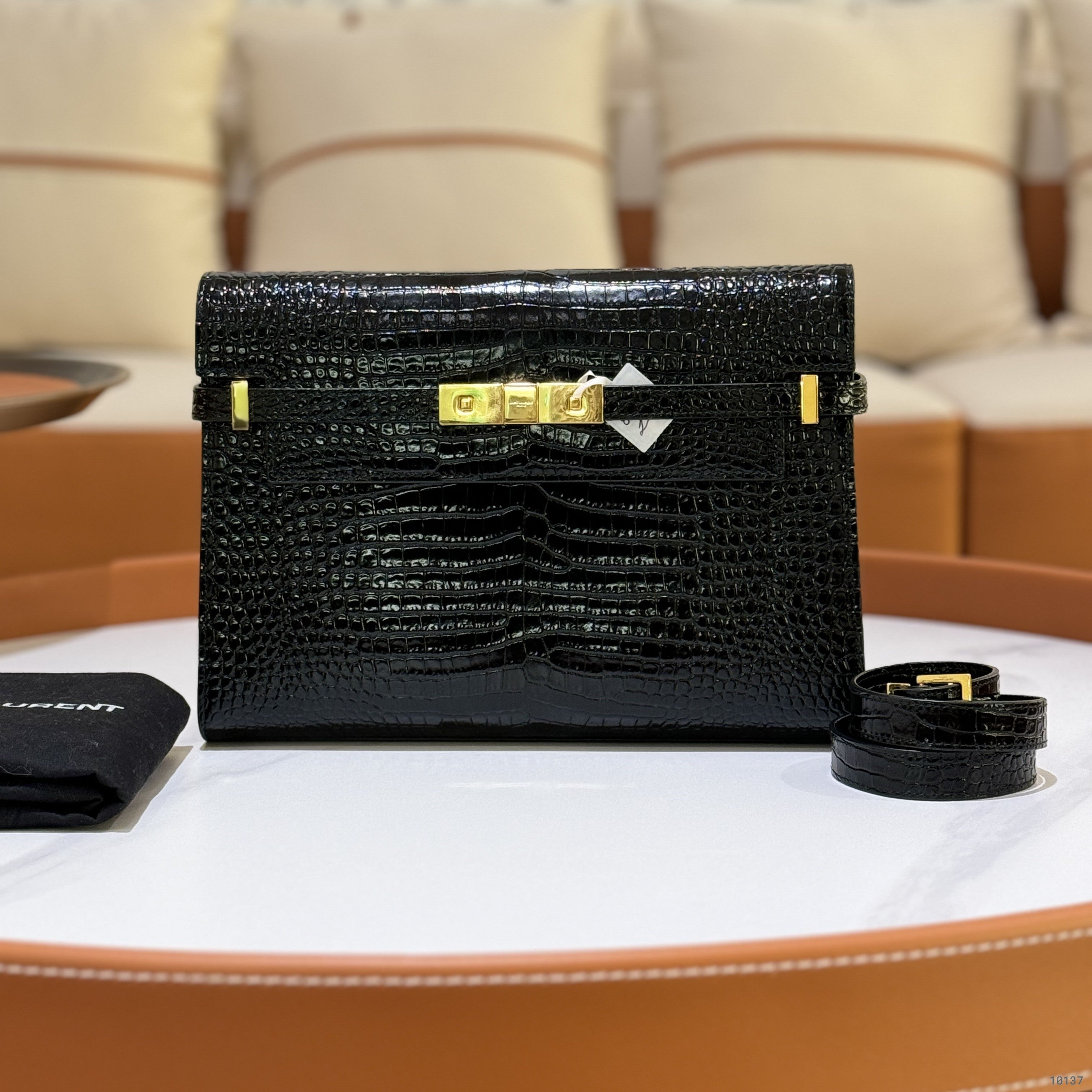 SAINT LAURENT MANHATTAN IN CROCODILE-EMBOSSED SHINY LEATHER BAG
