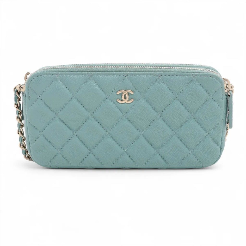 Chanel CC Logo Matelasse Caviar Skin Wallet on Chain Light Blue