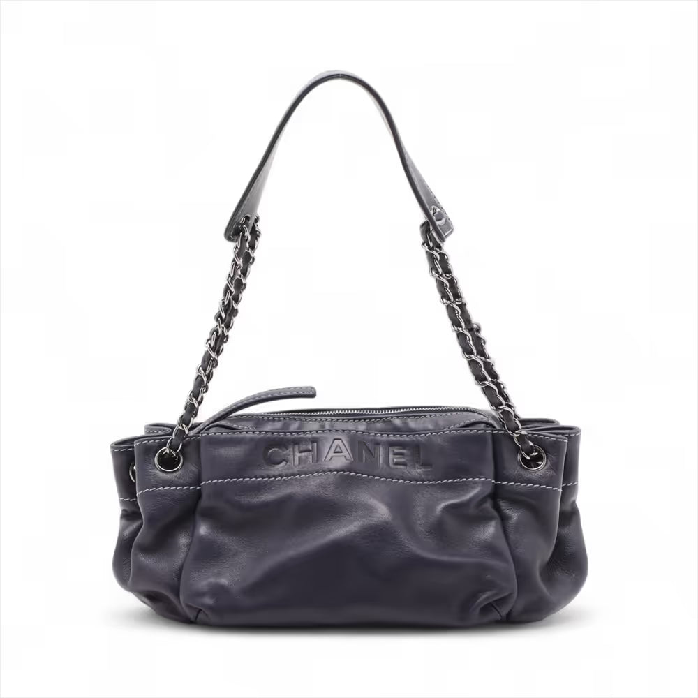 Chanel Logo Lambskin Chain Shoulder Bag Navy Blue