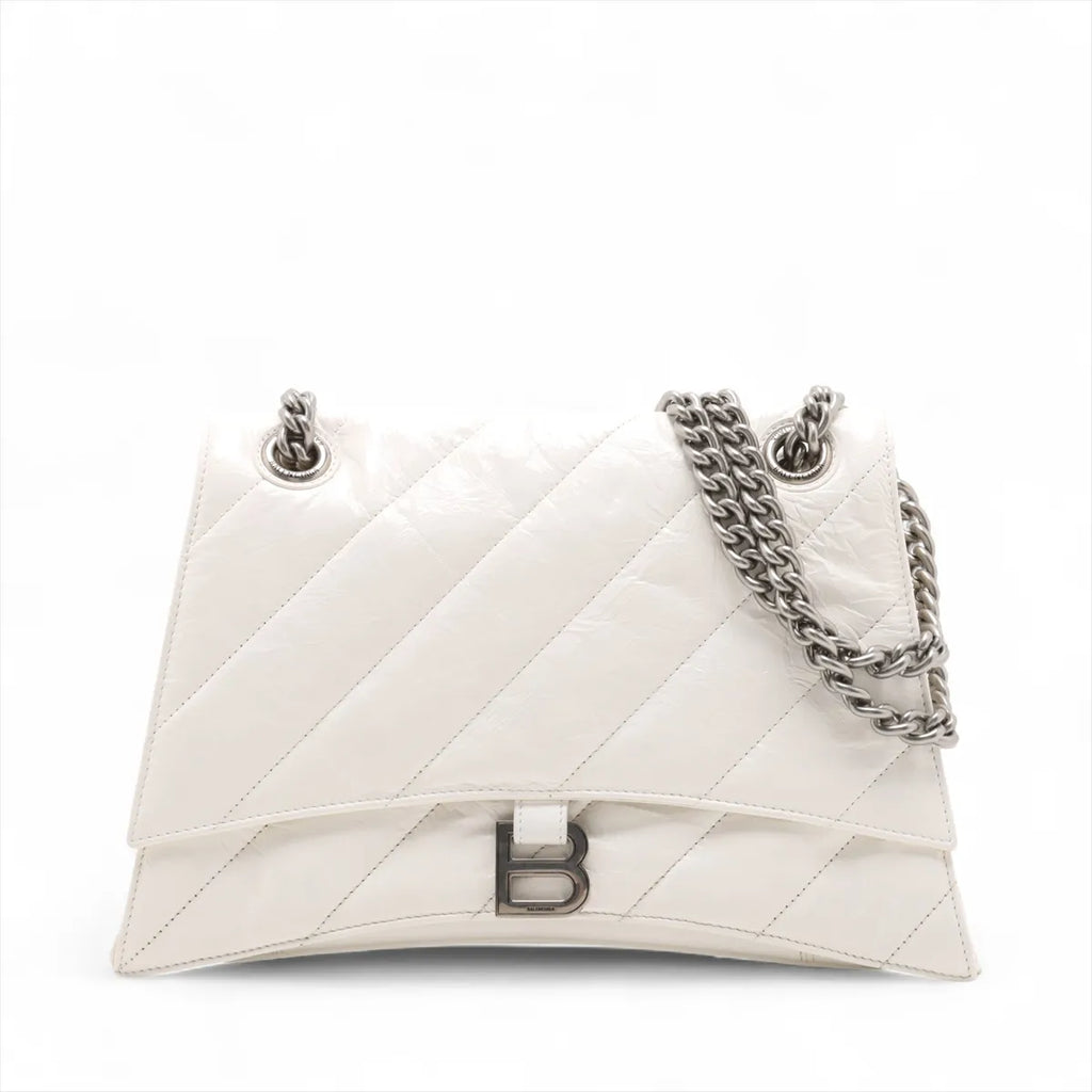 Balenciaga Crush Leather Chain Shoulder Bag White