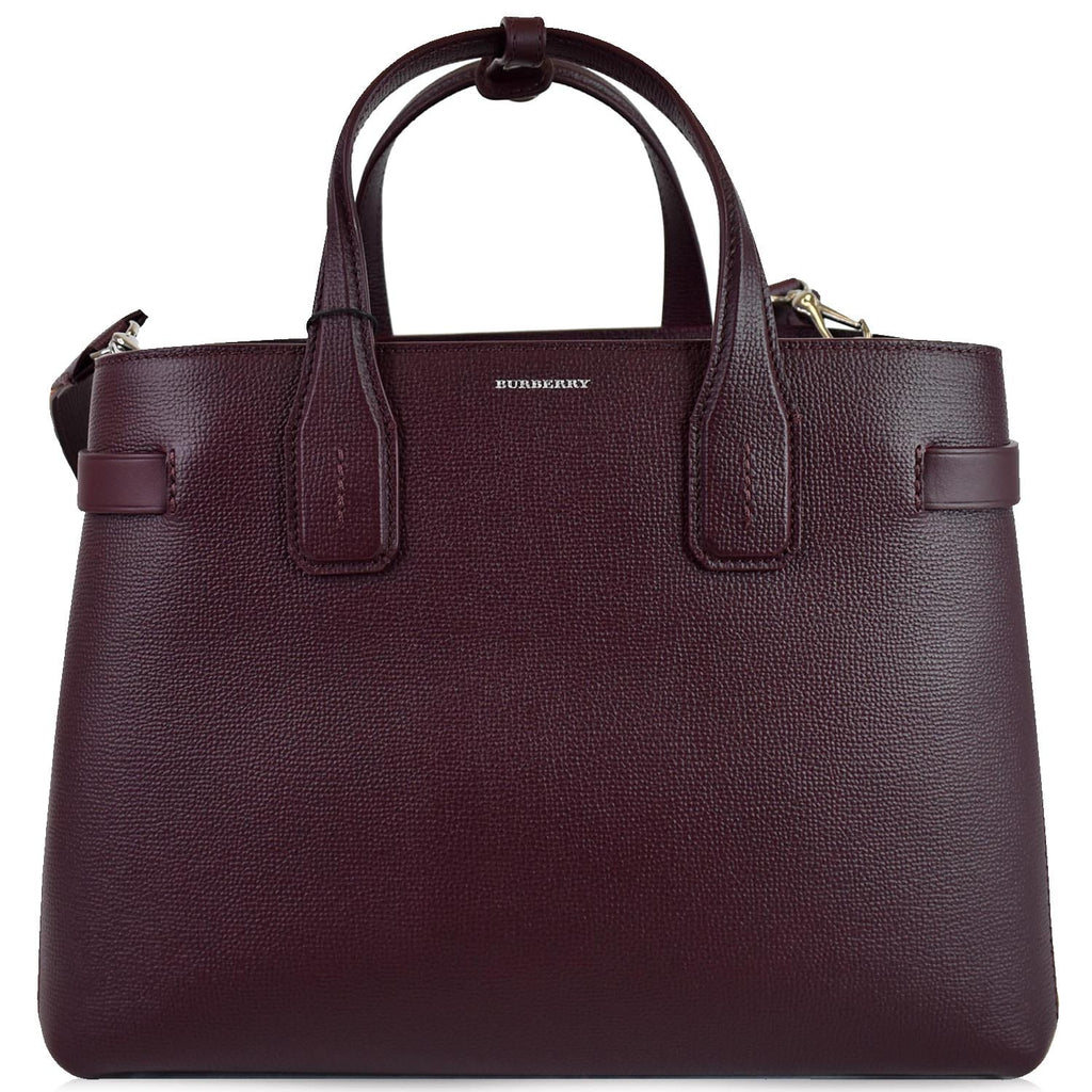 BURBERRY Medium Banner Derby Leather Tote Shoulder Bag Red