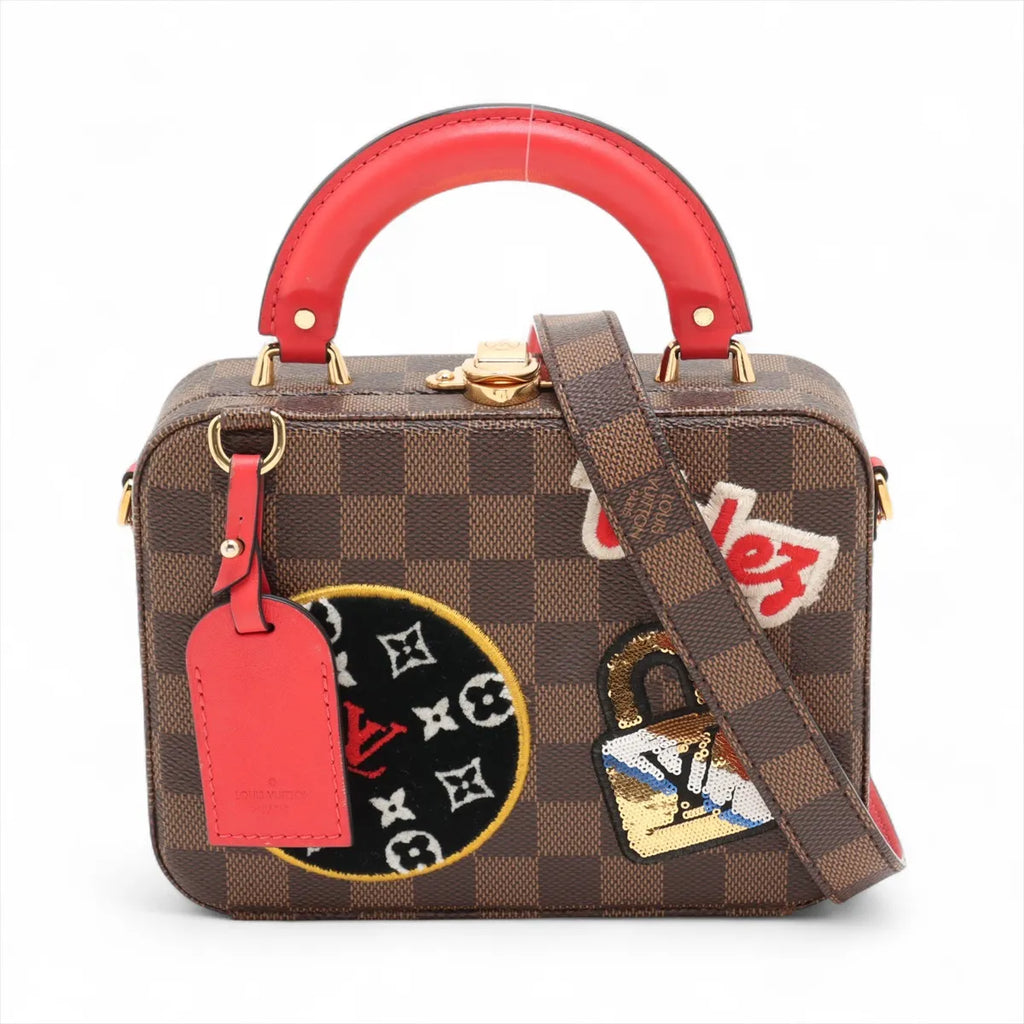 Louis Vuitton Damier Ebene LV Stories Box Patches Bag Brown x Red