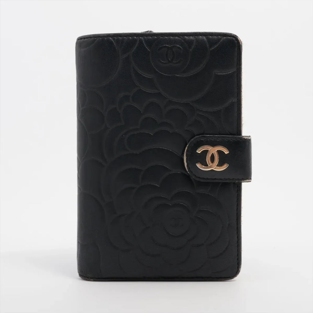 Chanel CC Logo Camelia Leather Compact Wallet Black