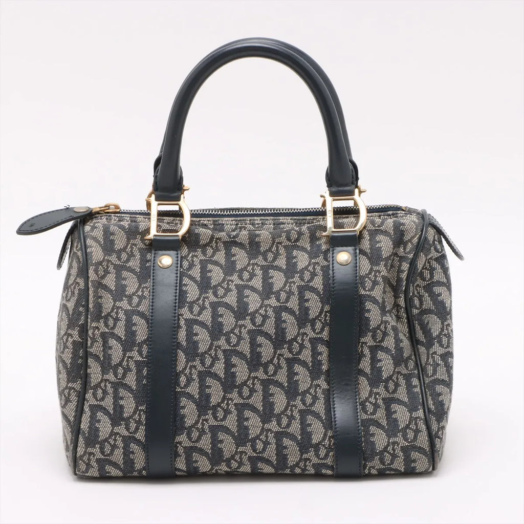 Christian Dior Trotter Canvas Leather Handbag Gray x Navy