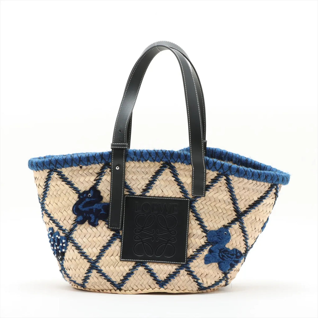 Loewe Basket Medium Raffia Tote Bag Beige x Blue