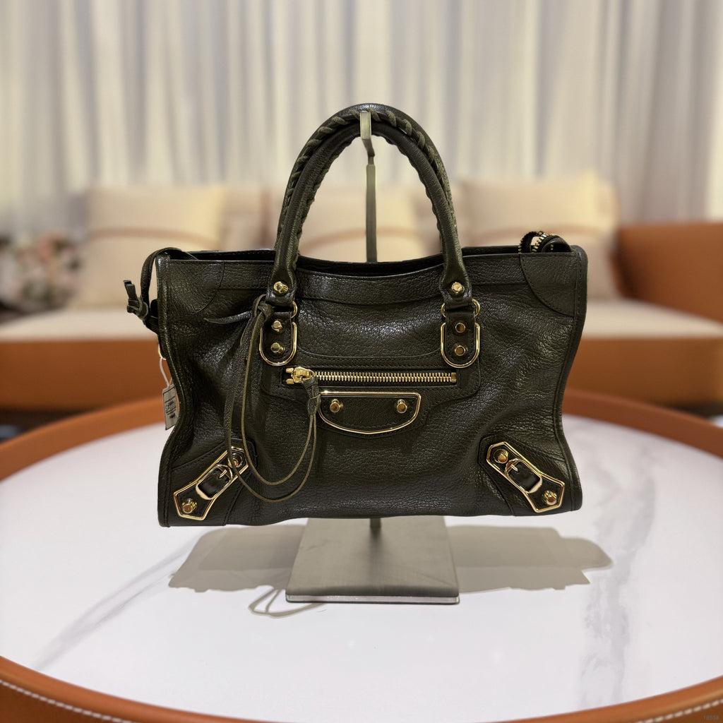 BALENCIAGA THE CITY BAG STEEL GREY GOATSKIN WITH GOLD STUDS