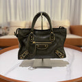 BALENCIAGA THE CITY BAG STEEL GREY GOATSKIN WITH GOLD STUDS