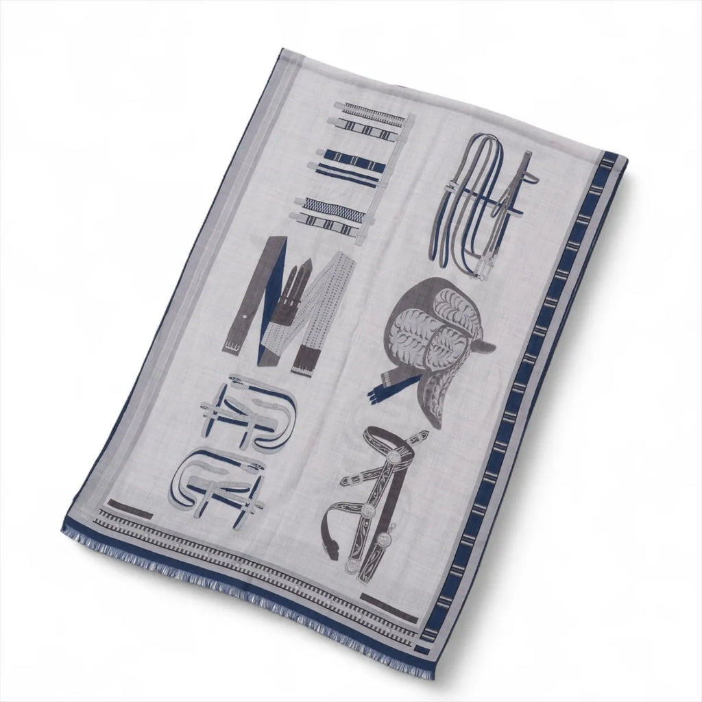 Hermès  Lettres Equestres Cashmere & Silk Scarf Navy x Gray