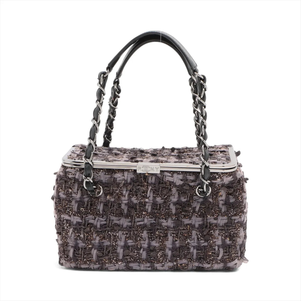 Chanel Paris New York Line Tweed Vanity Chain Handbag Gray X Black