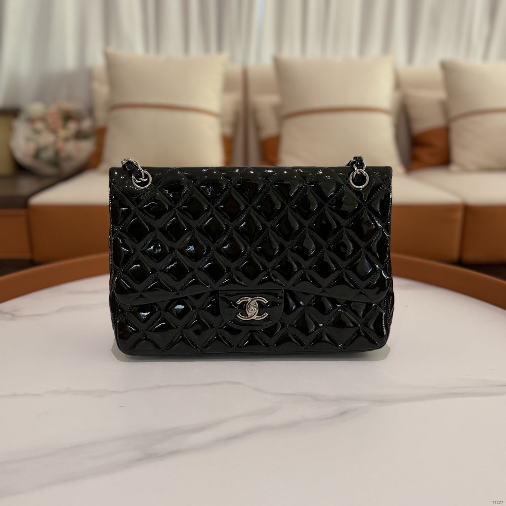 CHANEL Jumbo CF Green Patent Leather with Silver Hardware