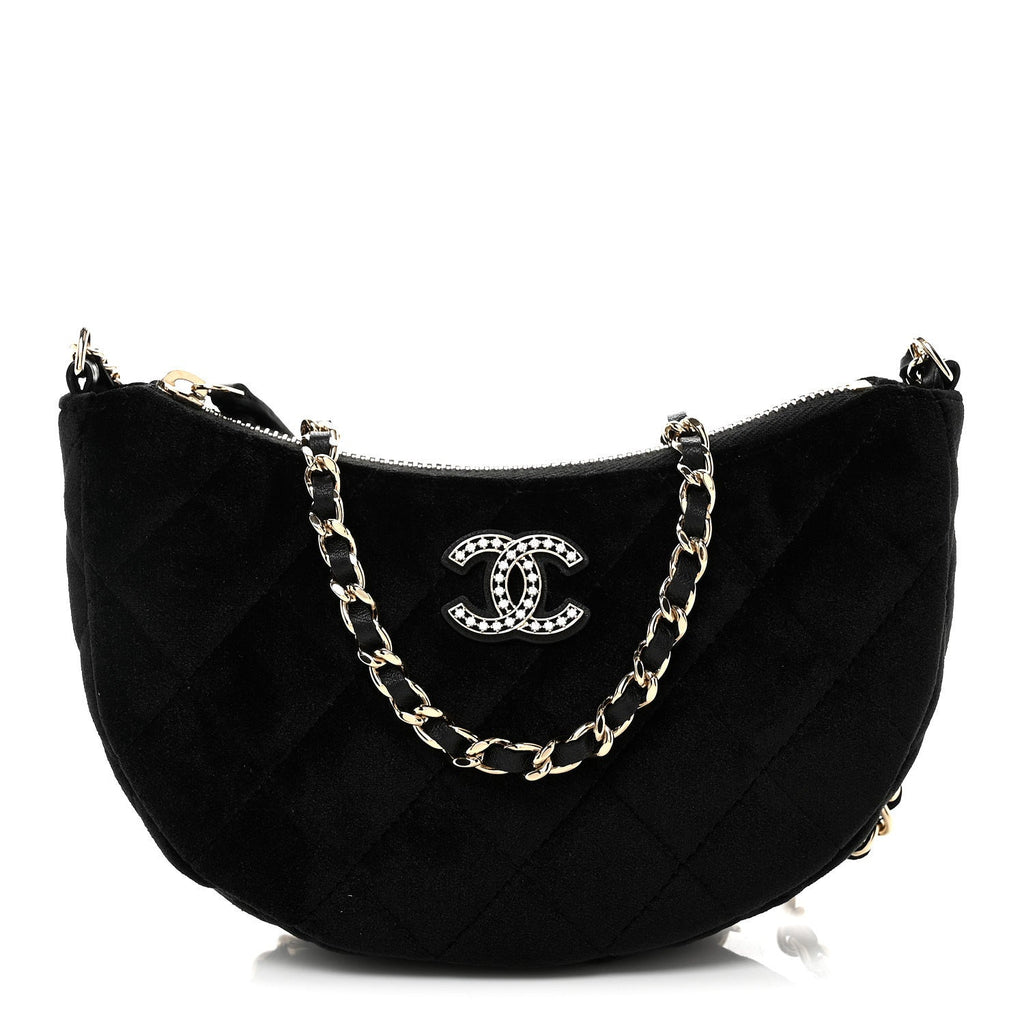 Velvet Crystal Quilted Chain Hobo Black