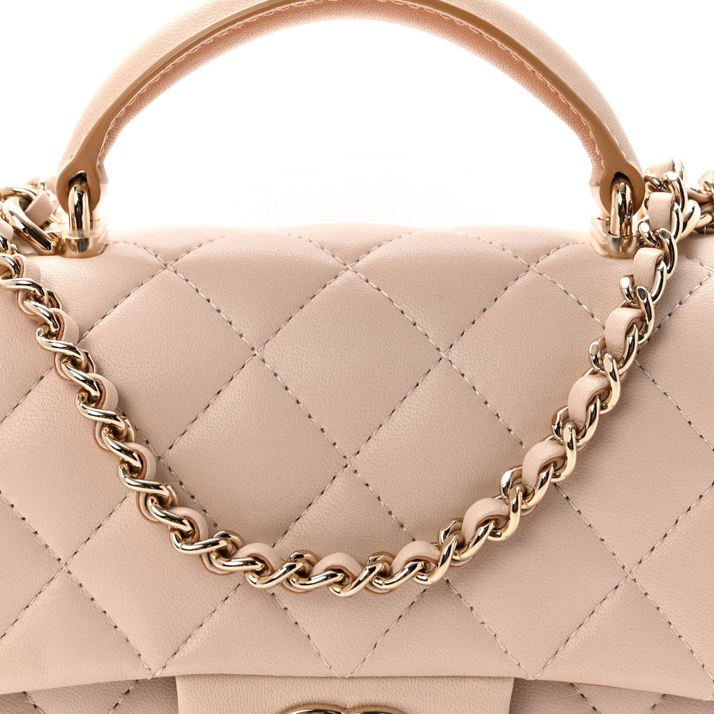 Lambskin Quilted Bi-Color Mini Top Handle Rectangular Flap Ecru Dark Beige