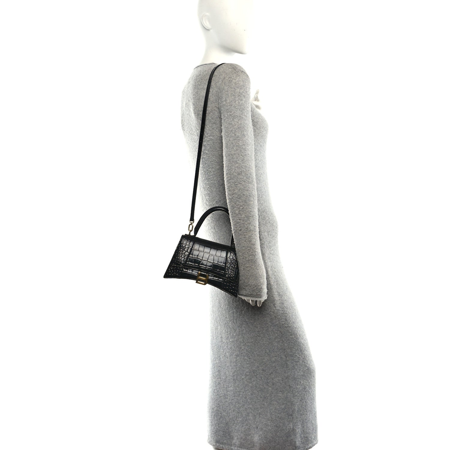Shiny Calfskin Crocodile Embossed Small Hourglass Top Handle Bag Black