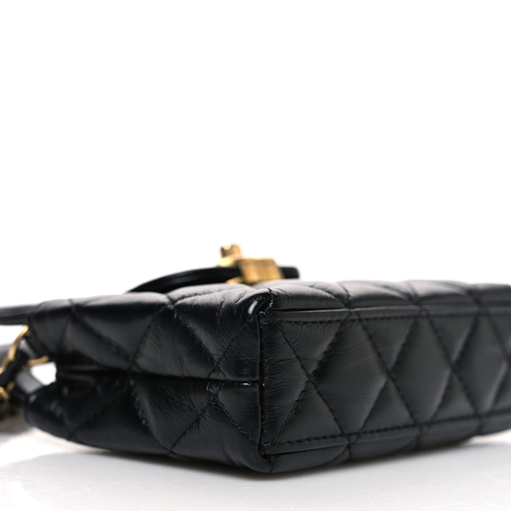 Shiny Aged Calfskin Quilted Mini Nano Kelly Shopper Black