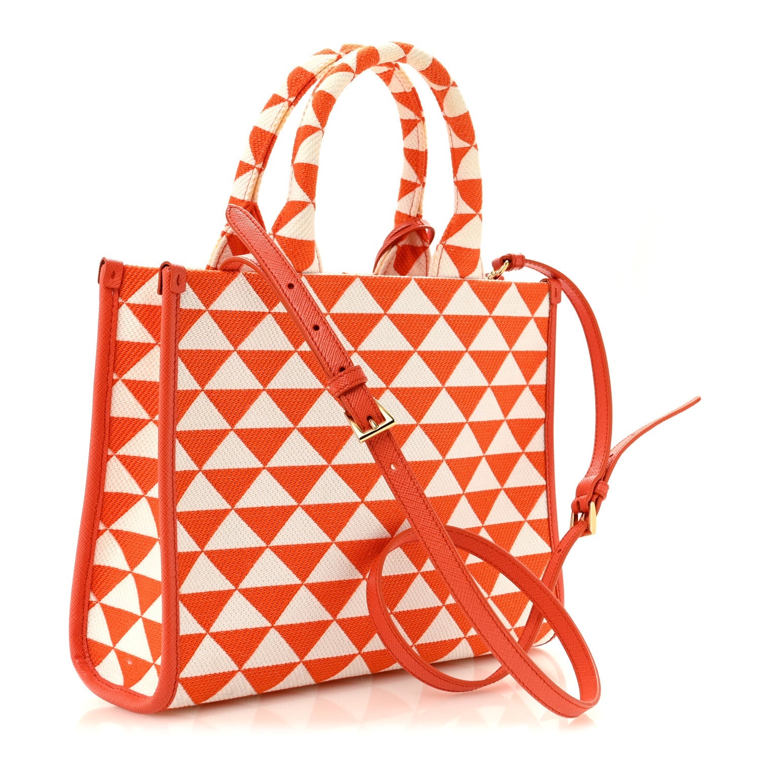 Jacquard Saffiano Triangolo Symbole Embroidered Small Tote Arancio White