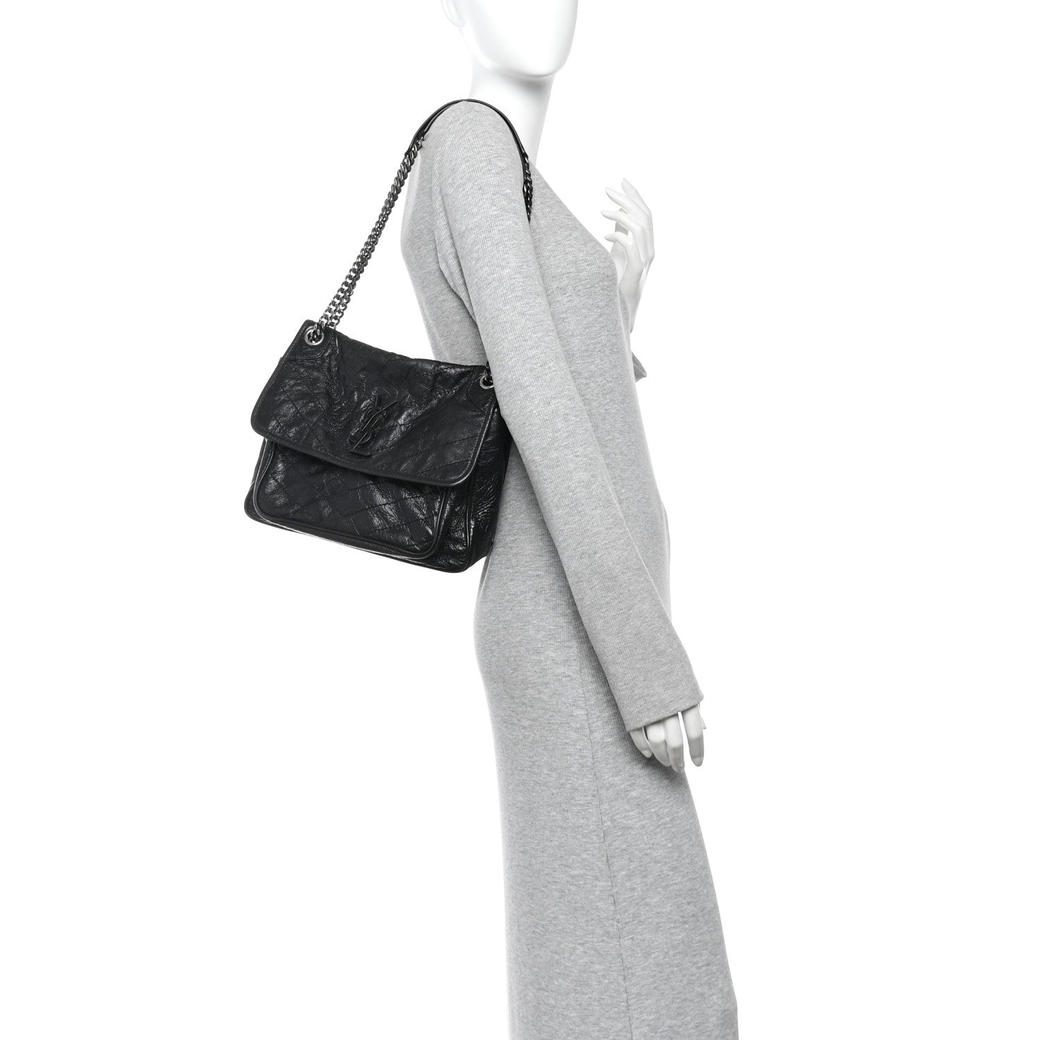 Crinkled Calfskin Matelasse Monogram Medium Niki Chain Satchel Black