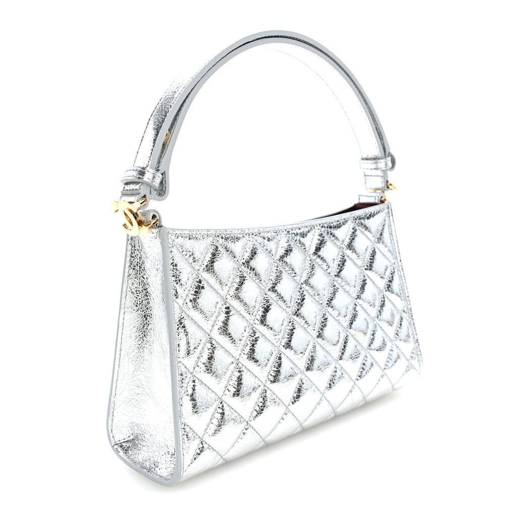 Metallic Aged Calfskin Quilted Hobo Bag Silver