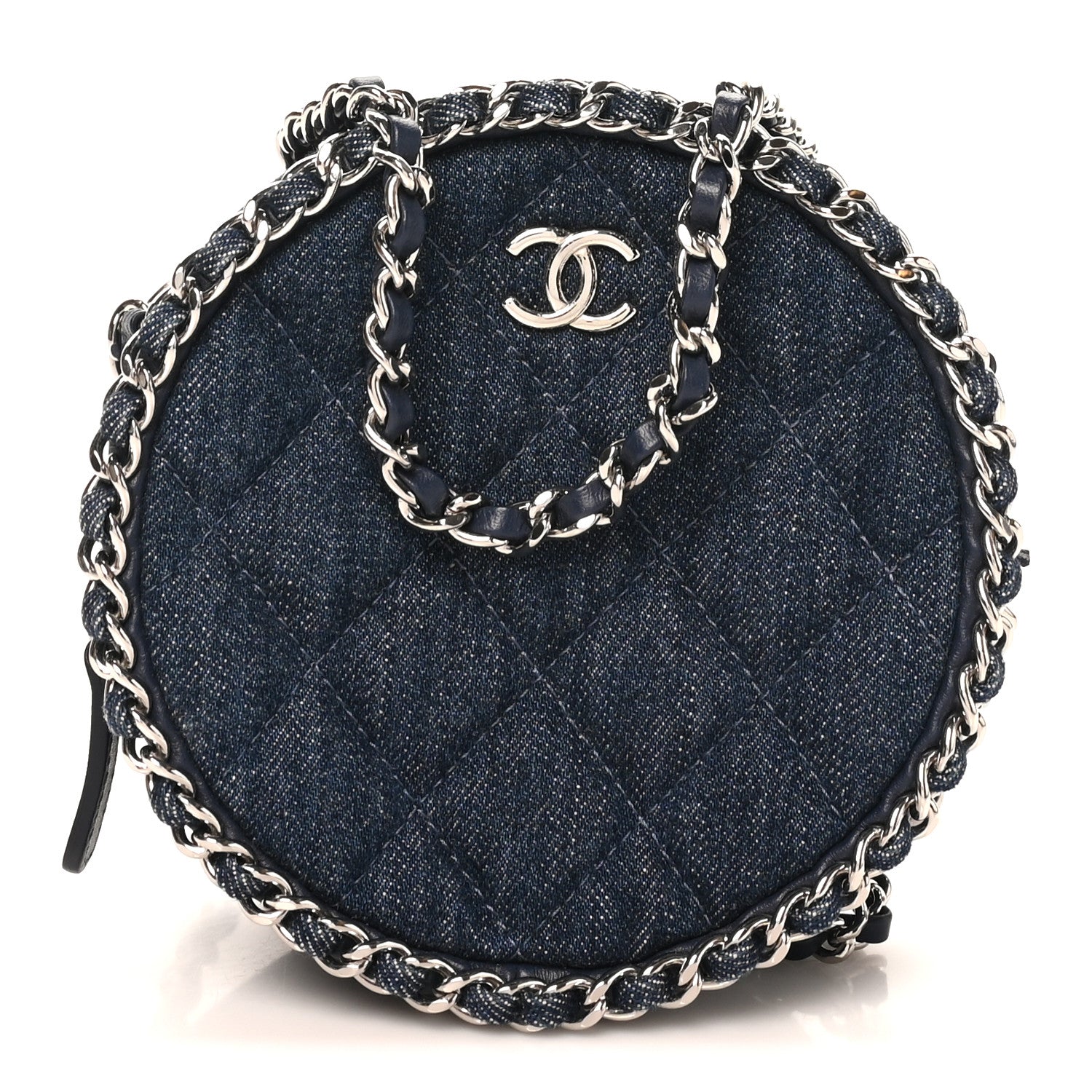 Denim Quilted Round Clutch With Chain Blue