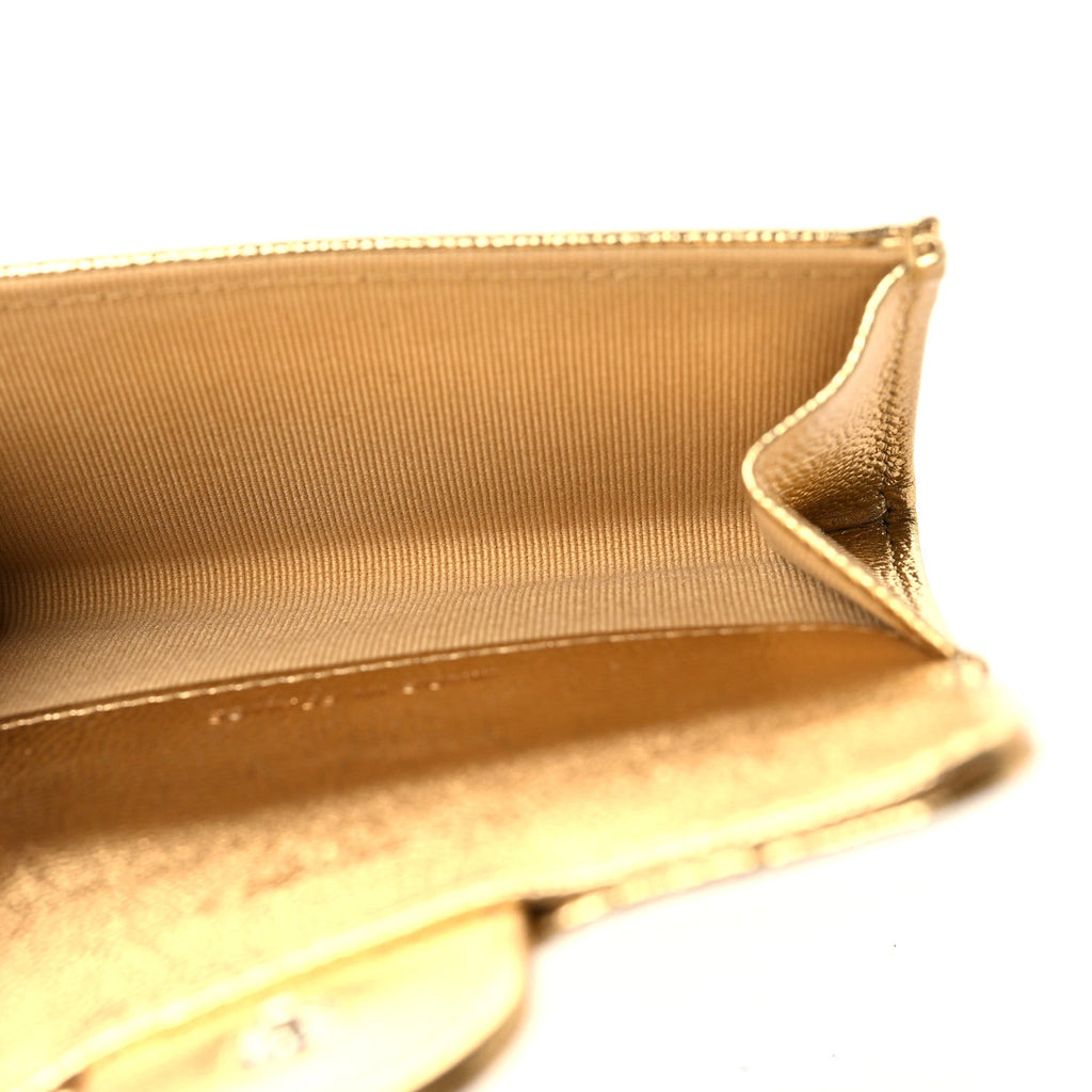 Metallic Caviar Quilted Flap Card Holder Wallet Gold
