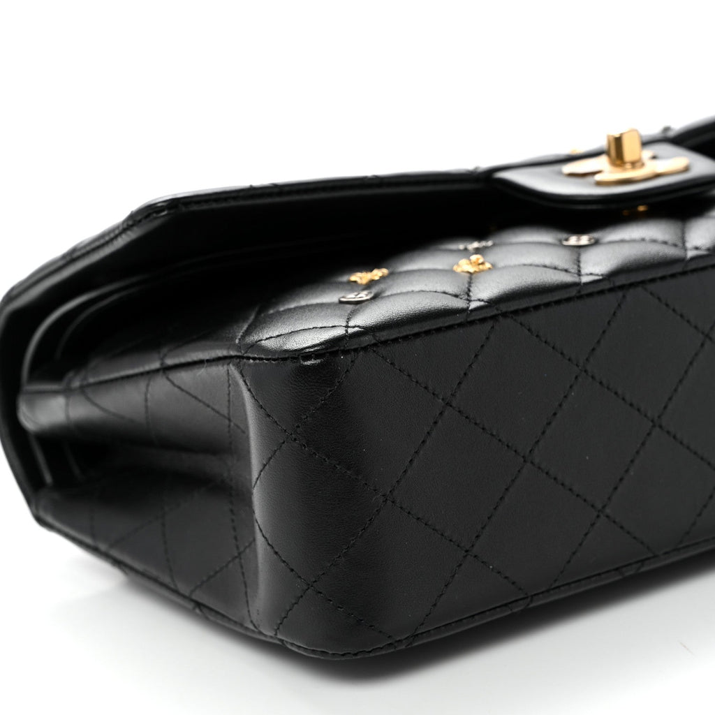 Lambskin Quilted Studded Medium Double Flap Black