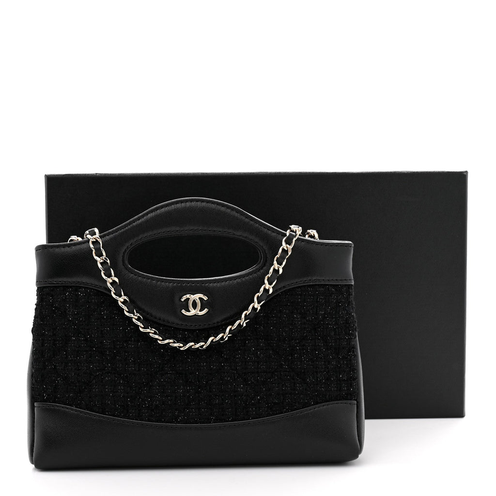Tweed Calfskin Quilted Nano 31 Shopping Bag Black