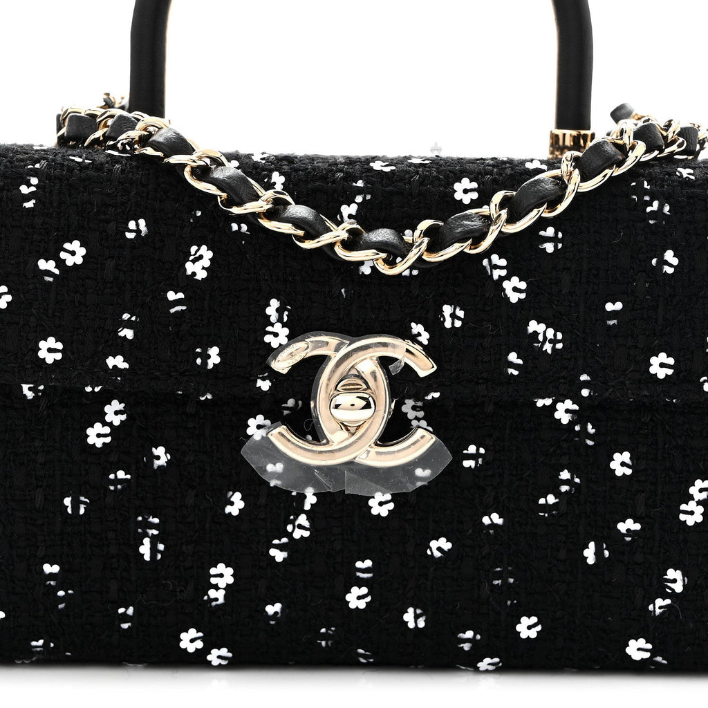Tweed Sequin Quilted Top Handle Box Bag Black