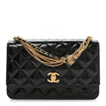 Shiny Crumpled Calfskin Quilted Precious Tie Wallet On Chain WOC Black