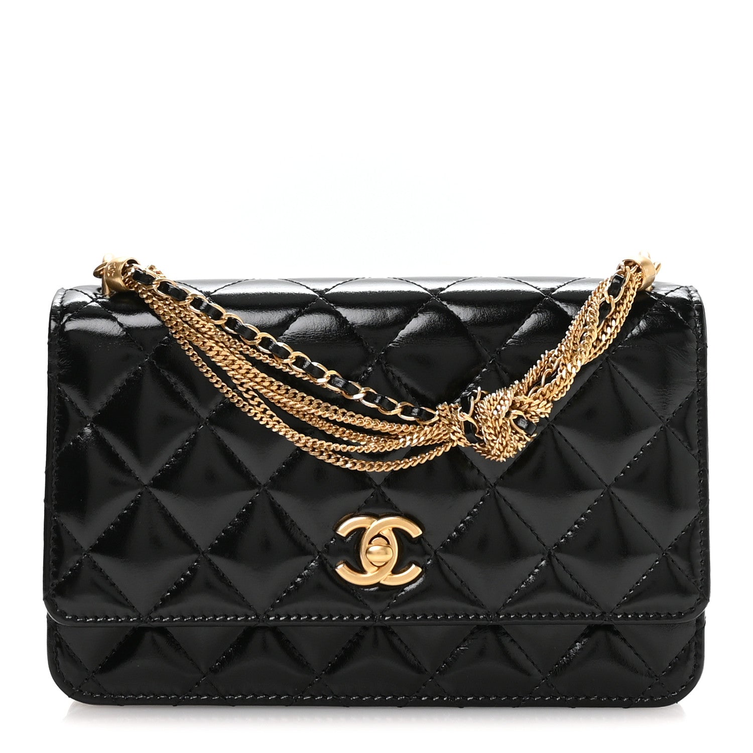 Shiny Crumpled Calfskin Quilted Precious Tie Wallet On Chain WOC Black