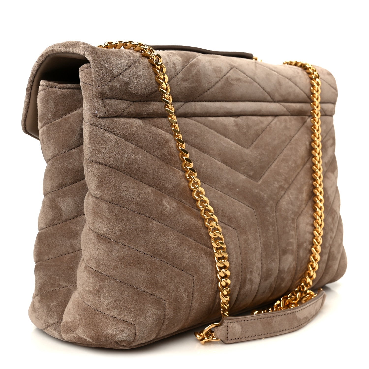 Suede Y Quilted Monogram Medium Loulou Chain Satchel Taupe