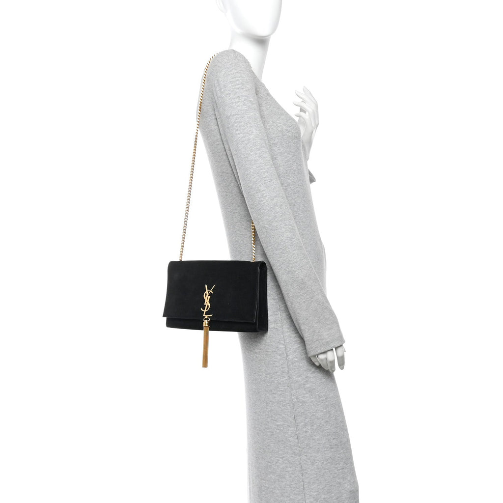 Suede Medium Classic Monogram Kate Tassel Satchel Black