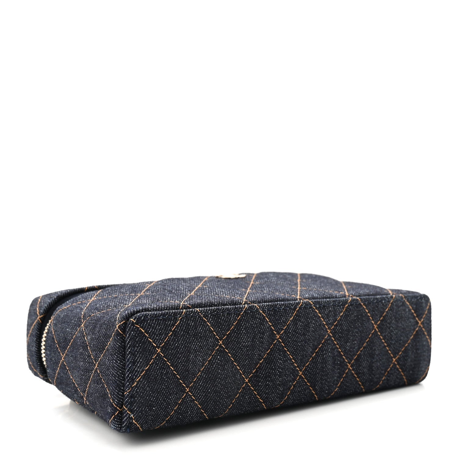 Denim Quilted Top Handle Slim Vanity Case With Chain Dark Blue Orange