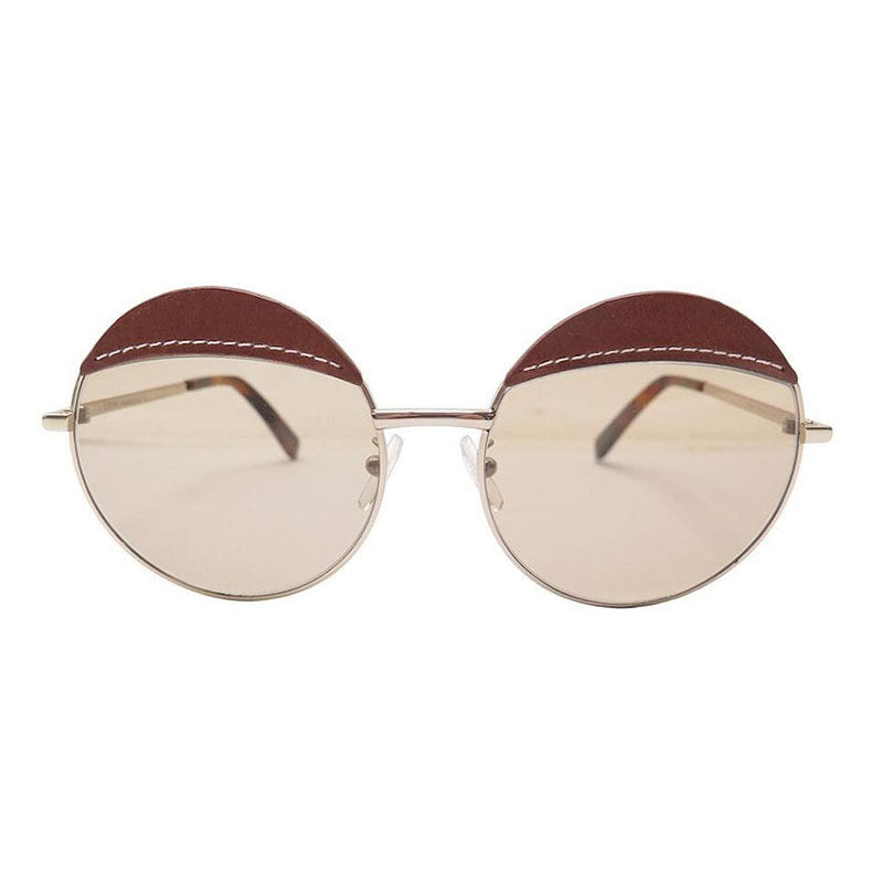 Loewe Sunglasses Round Full Rim, Gold Brown Leather Frame and Brown Lens LW40007U33N
