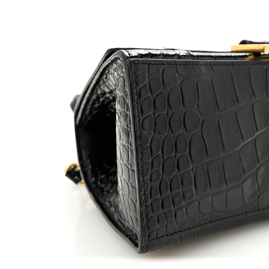 Shiny Calfskin Crocodile Embossed Small Hourglass Top Handle Bag Black