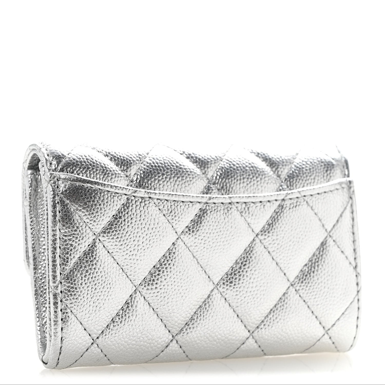 Glittered Metallic Caviar Quilted Flap Card Holder Wallet Silver