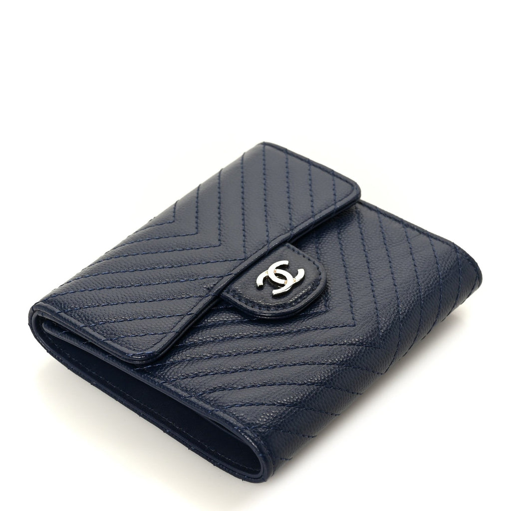 Caviar Chevron Quilted Compact Flap Wallet Navy