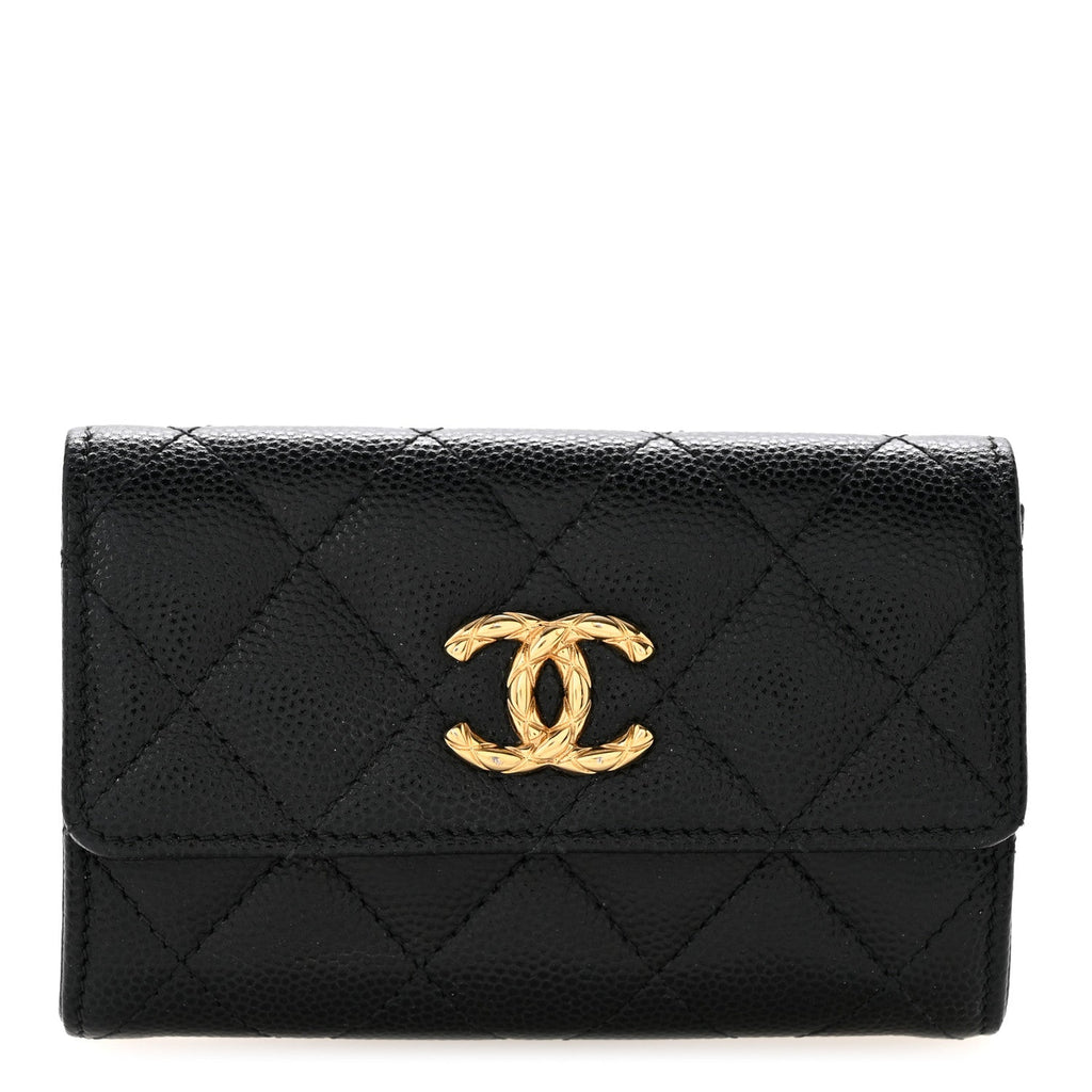 Caviar Quilted Chain CC Quilted Compact Flap Card Holder Black