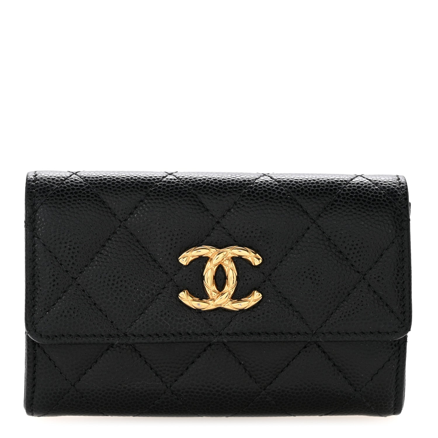 Caviar Quilted Chain CC Quilted Compact Flap Card Holder Black