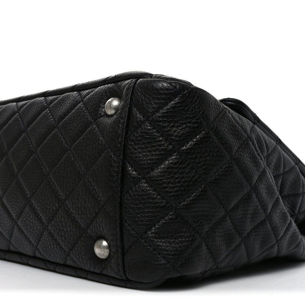 Grained Calfskin Quilted XXL Travel Flap Bag Black