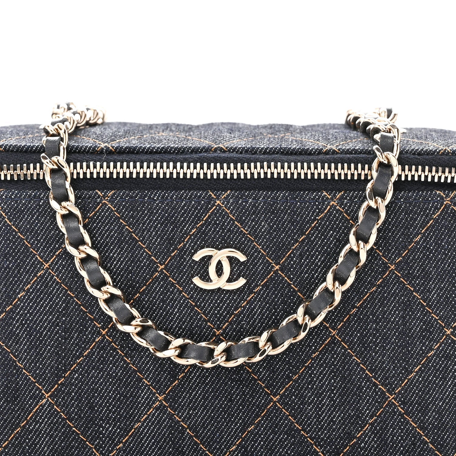 Denim Quilted Small Vanity Case With Chain Dark Blue Orange