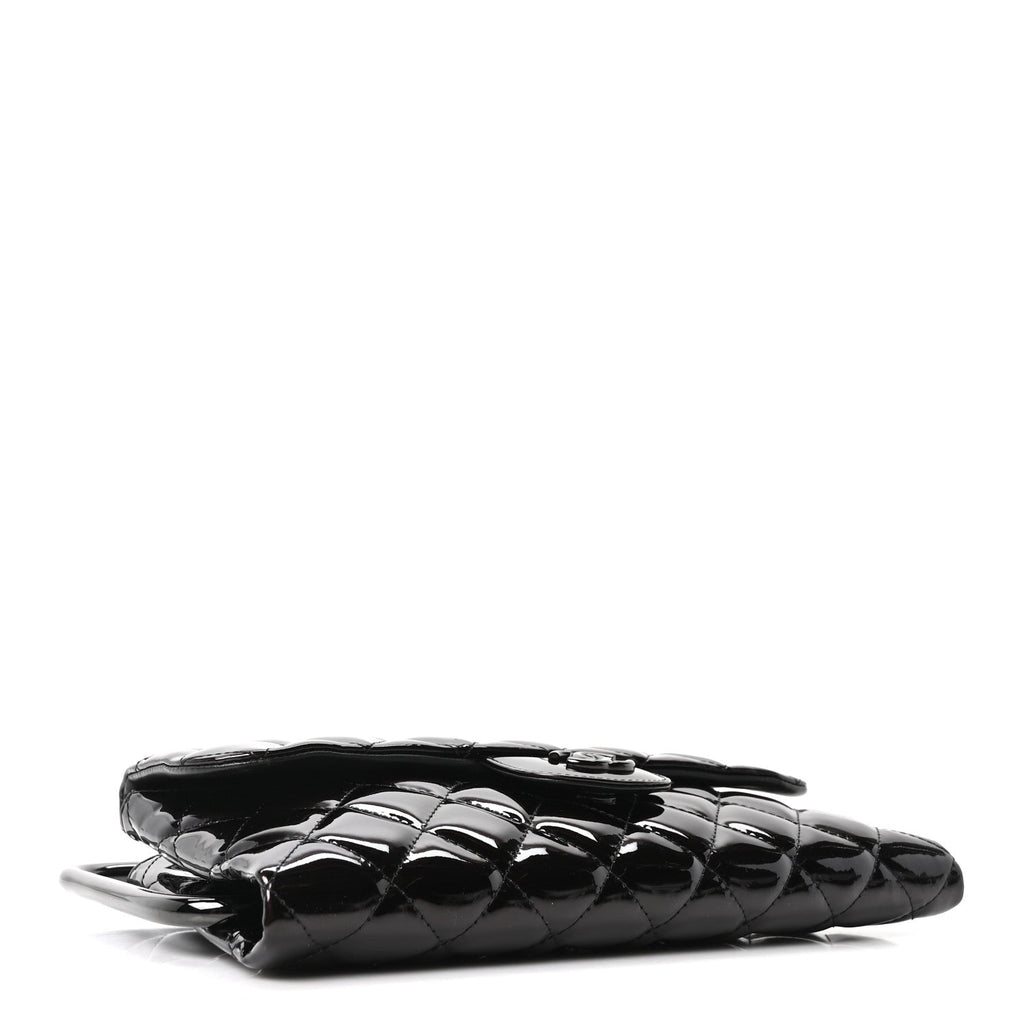 Patent Calfskin Quilted Metal Handle Clutch So Black