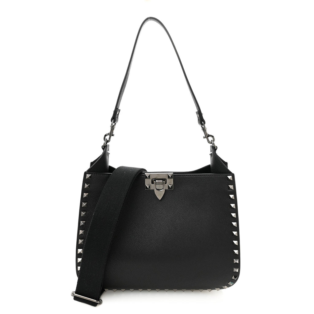 Grained Calfskin Rockstud Hobo Shoulder Bag Black