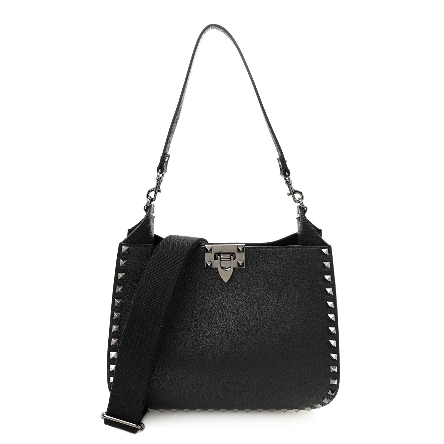 Grained Calfskin Rockstud Hobo Shoulder Bag Black