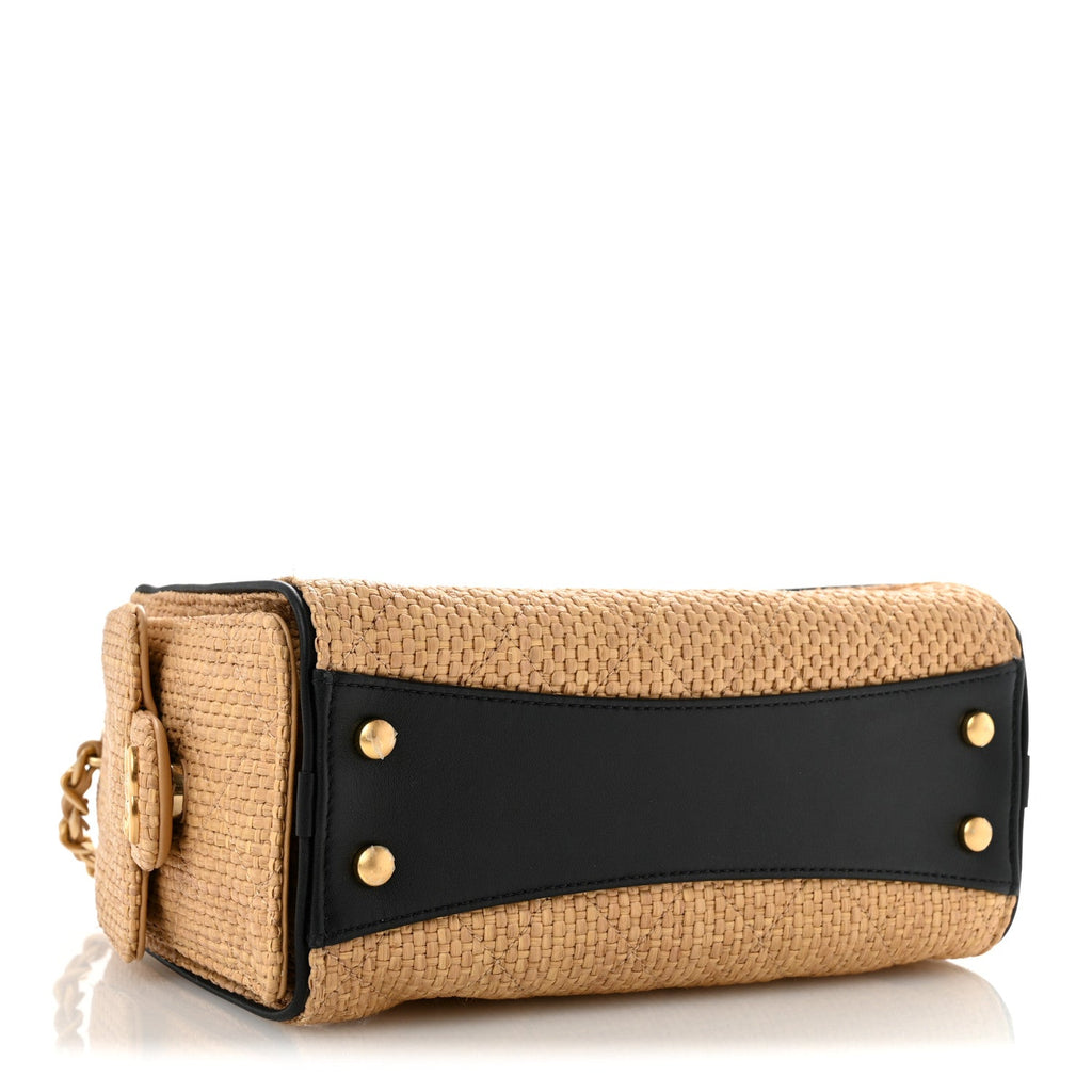 Braided Raffia Calfskin Quilted Mini Chanel 25 Handbag Beige Black