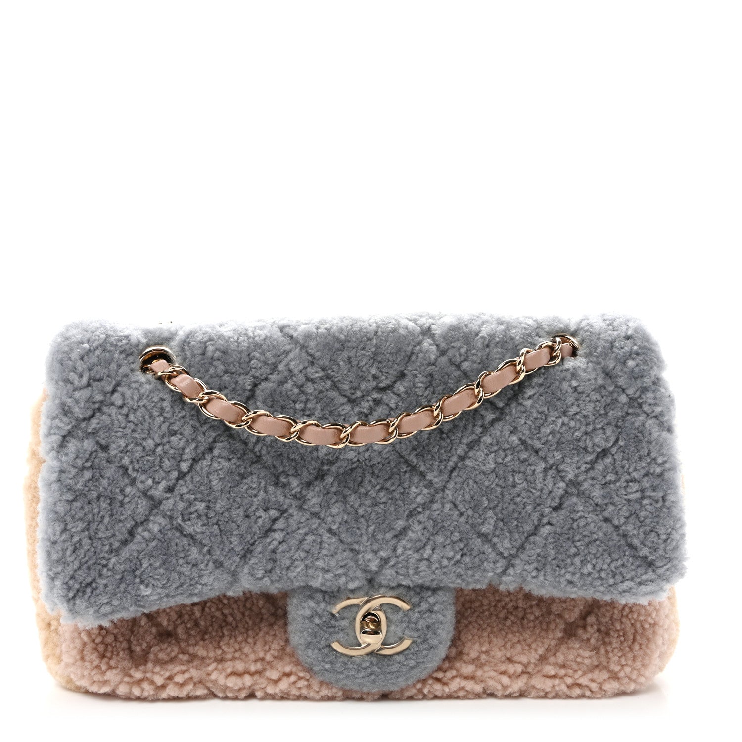 Shearling Sheepskin Single Flap Gray Pink Beige
