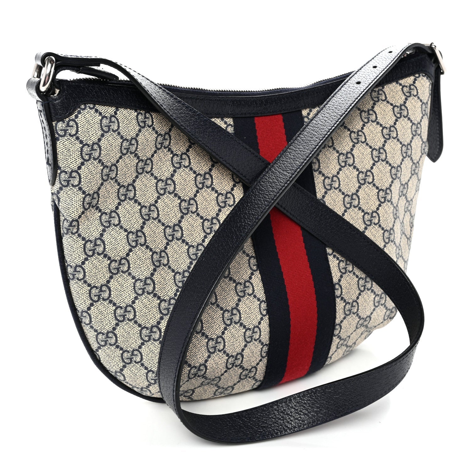 GG Supreme Monogram Textured Dollar Calfskin Web Small Ophidia Half Moon Hobo Beige Blue