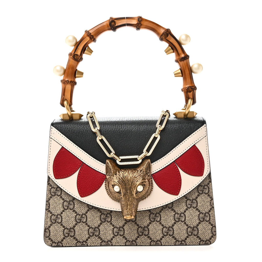 GG Supreme Monogram Goatskin Pearl Mini Fox Broche Bamboo Top Handle Bag Beige Ebony Black Hibiscus Red Mystic White