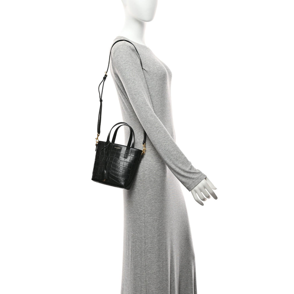 Calfskin Crocodile Embossed Paris Mini Toy Shopper Tote Black