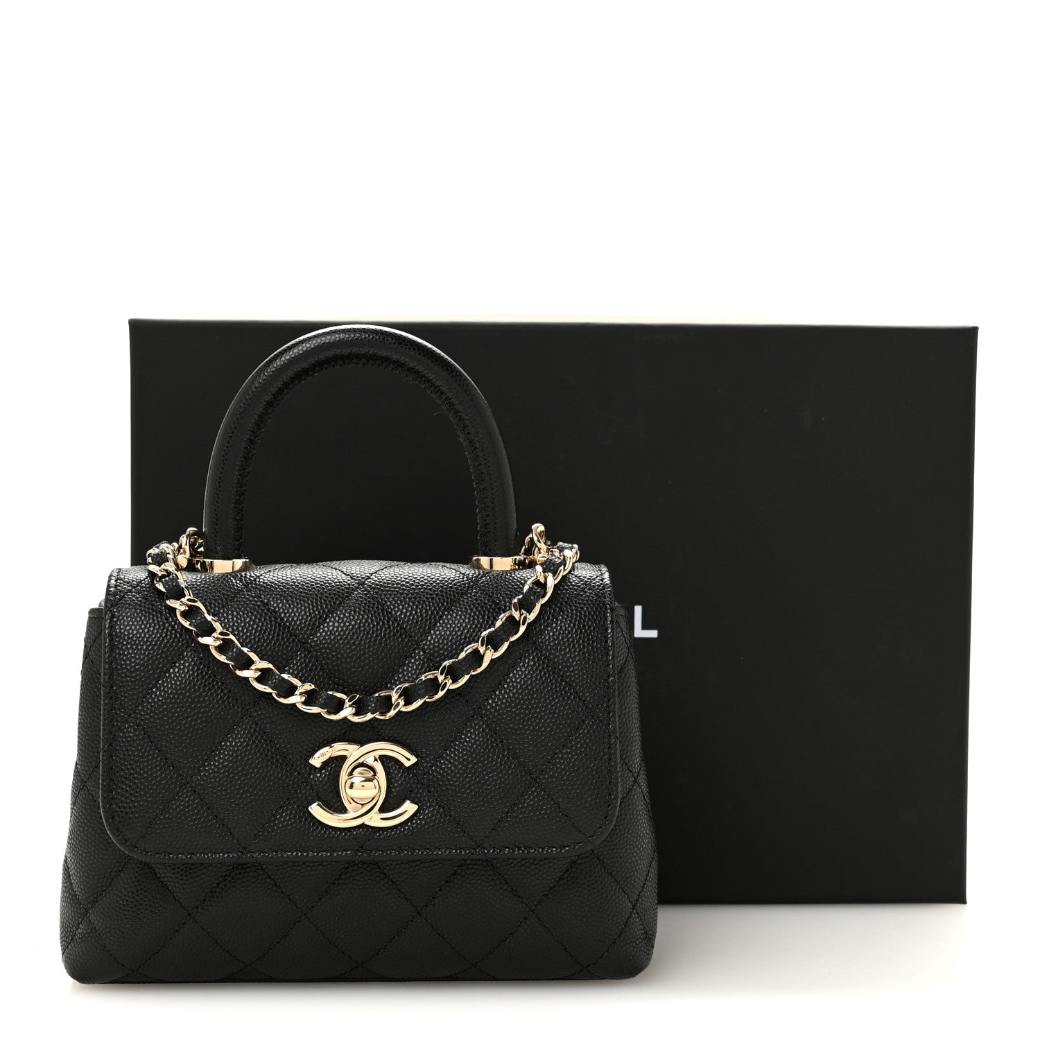 Caviar Quilted Coco Handle Clutch With Chain Black