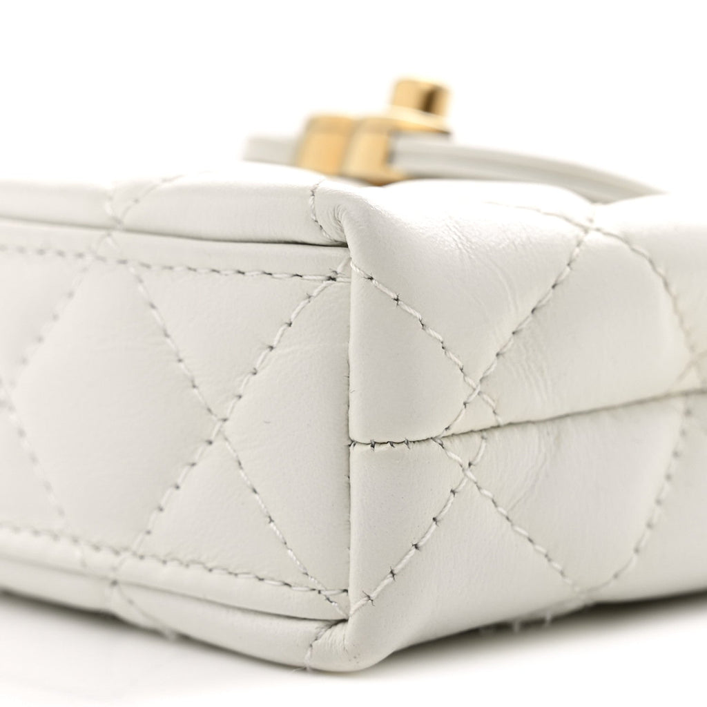 Shiny Aged Calfskin Quilted Mini Nano Kelly Shopper White