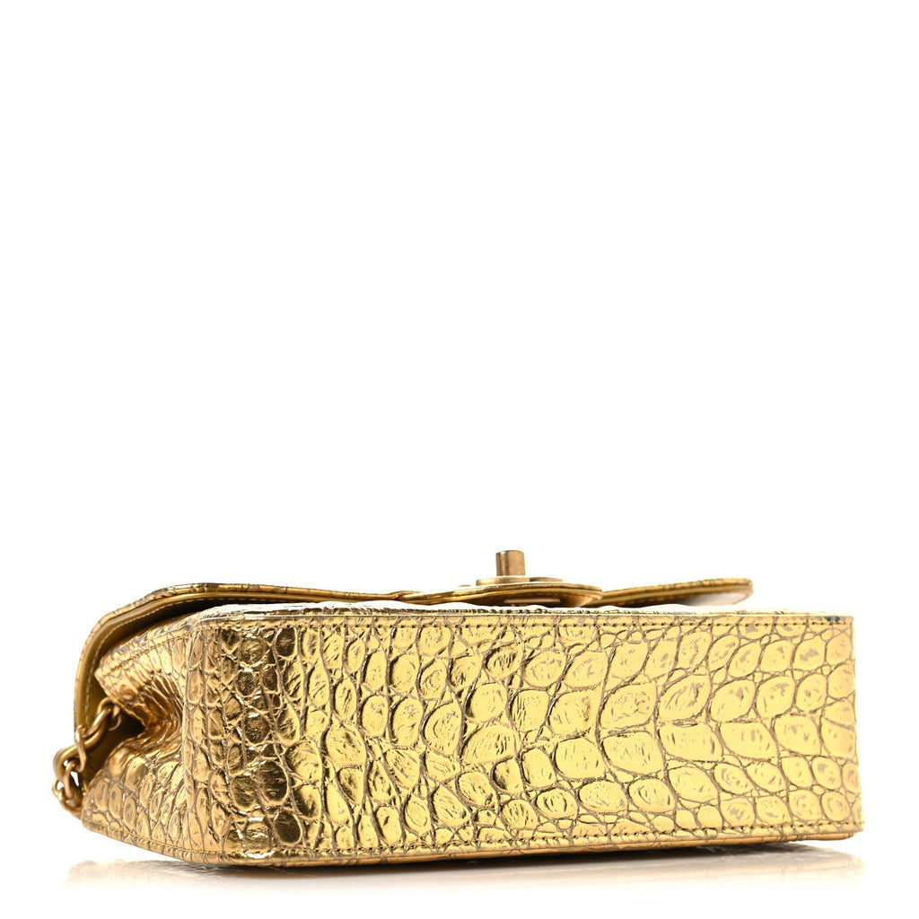 Metallic Calfskin Crocodile Embossed Cocodile Rectangular Mini Flap Gold